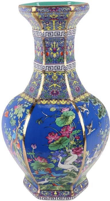 Fine Asianliving Chinese Vaas Bloemen Vogels Blauw