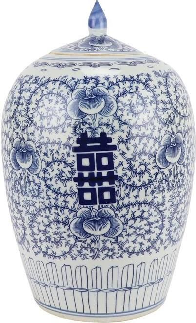 Fine Asianliving Chinese Gemberpot Blauw Wit Dubbele Blijdschap