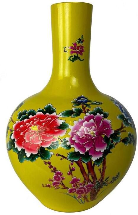 Fine Asianliving Chinese Vaas Geel Bloemen Pioenen