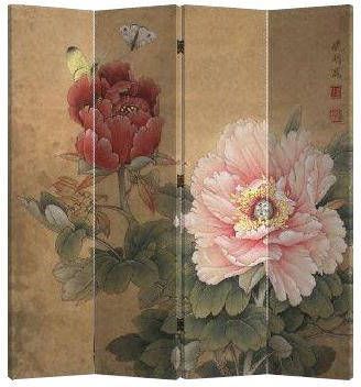 Fine Asianliving Chinees Kamerscherm Oosters Scheidingswand B160xH180cm 4 Panelen Mudan en Vlinders Vintage