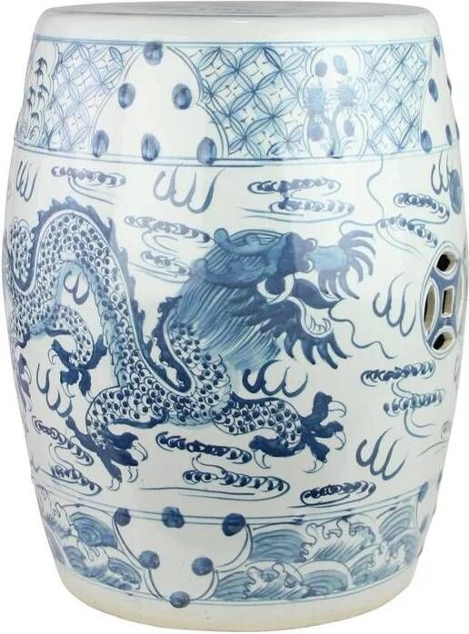 Fine Asianliving Keramische Kruk Blauw Wit Draak Handgeschilderd D33xH45cm Keramiek Bijzettafel Porselein Stoel Tuinkruk