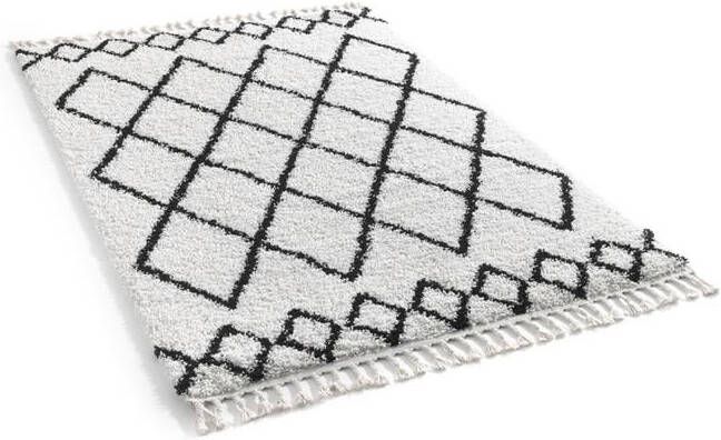 FlyCarpets Diamond Hoogpolig Vloerkleed Crème | Zwart 160x230 cm