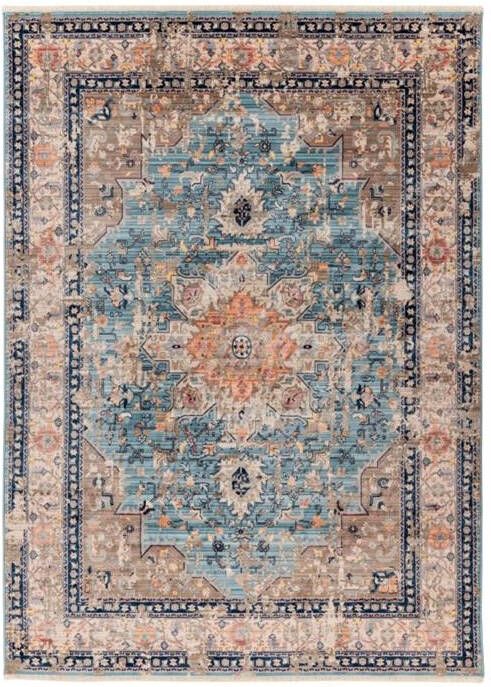 Flycarpets Petra Vintage Vloerkleed Blauw Medaillon Woonkamer Laagpolig Tapijt 160x230 cm