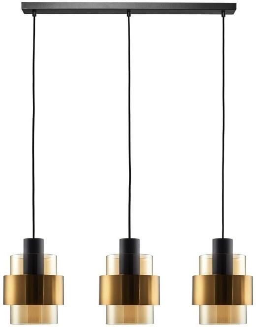 Freelight Hanglamp Chiasso Zwart Goud & Amber Glas 3 Lichts L 1 mtr
