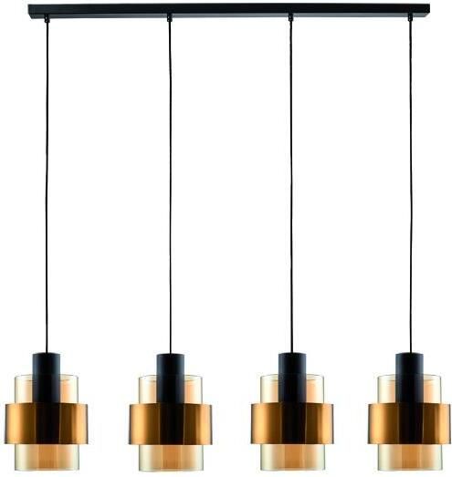 Freelight Hanglamp Chiasso Zwart goud & Amber Glas 4 Lichts L 120 cm