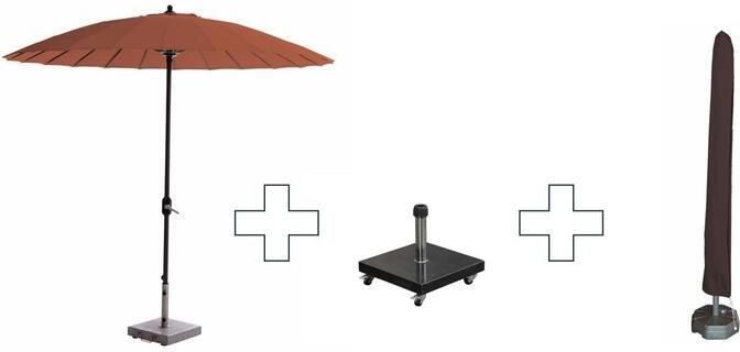 Garden Impressions Set ronde Manilla parasol met voet en hoes 250 cm Koperkleurig