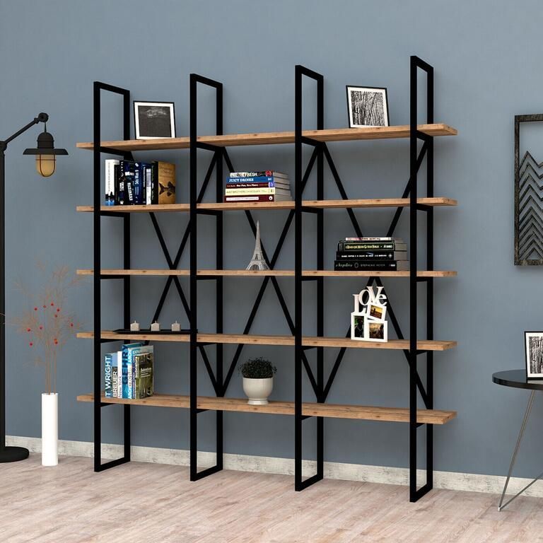 Boekenkast Stijlvol Zwart & Eiken Design Ruime 160x160x26cm Afmetingen Duurzaam Melamine Materiaal - Foto 2