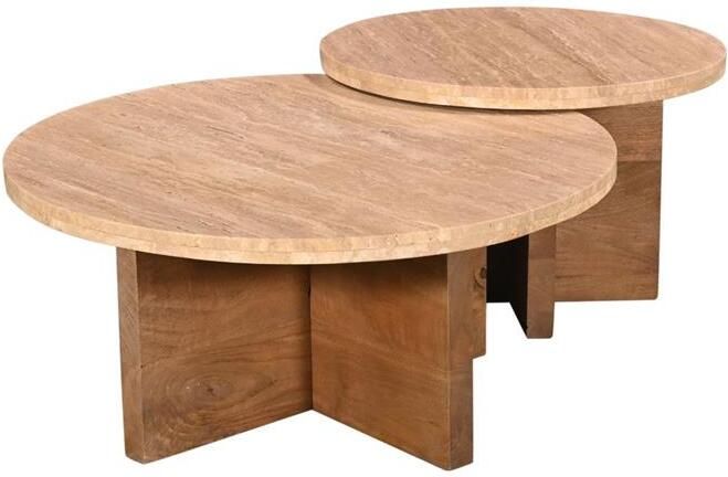 Giga Meubel Salontafel Leno Rond Travertin Hout Naturel Set van 2 - Foto 2