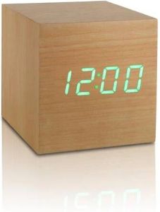 Gingko Cube click clock Alarmklok Beuken|LED Groen