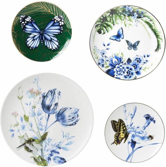 Heinen Delfts Blauw | Wandborden mix 2 vlinders set 4 stuks