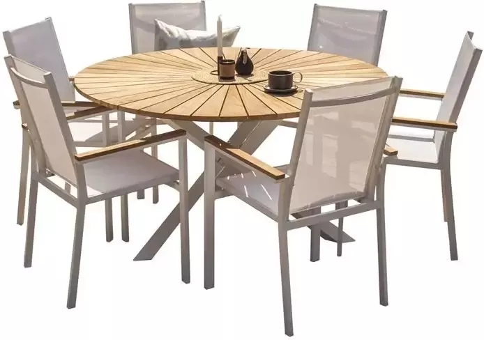 Hioshop Mexico tuinmeubelset tafel Ø140cm en 6 stoel Texas wit naturel