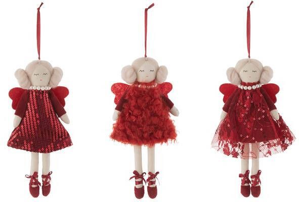 J-Line Kersthanger engel popjes textiel wit| rood 3x