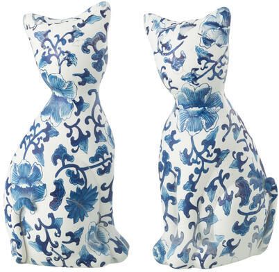 J-Line figuur Kat Patroon polyresin blauw|wit large 2 stuks paasdecoratie