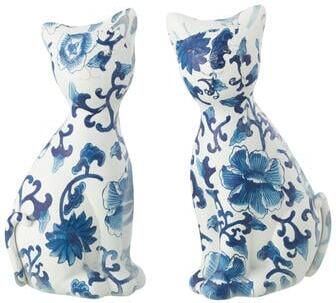J-Line figuur Kat Patroon polyresin blauw|wit small 2 stuks paasdecoratie