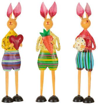 J-Line figuur Konijn Hart|Ei|Wortel ijzer bruin 3 stuks paasdecoratie