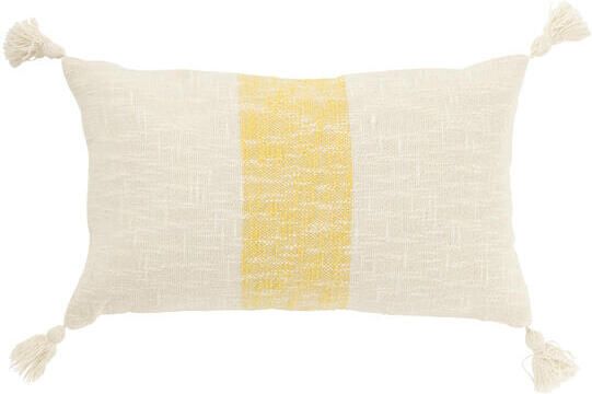 J-Line kussen Rechthoek Strepen + Kwasten katoen wit|geel