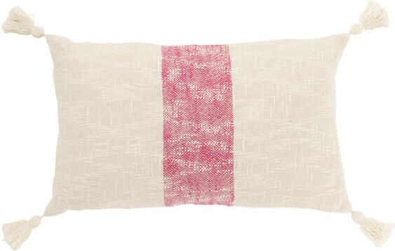 J-Line kussen Rechthoek Strepen + Kwasten katoen wit|roze