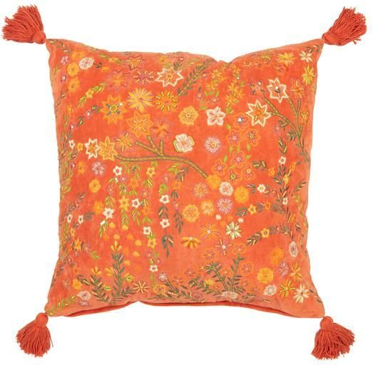 J-Line kussen Vierkant Bloemen + Kwastjes fluweel oranje