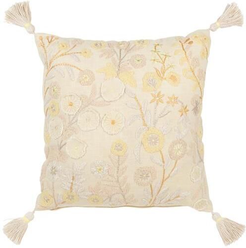 J-Line kussen Vierkant Bloemen + Kwastjes katoen lichtgeel