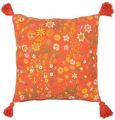 J-Line kussen Vierkant Bloemen + Kwastjes katoen oranje