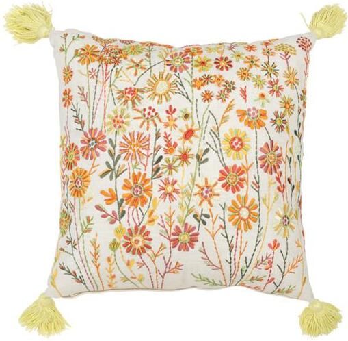 J-Line kussen Vierkant Bloemen + Kwastjes katoen wit|oranje