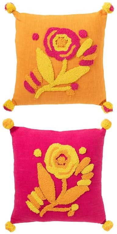 J-Line Kussen Vierkant Borduurwerk Bloem+Pompons Katoen Mix Assorti