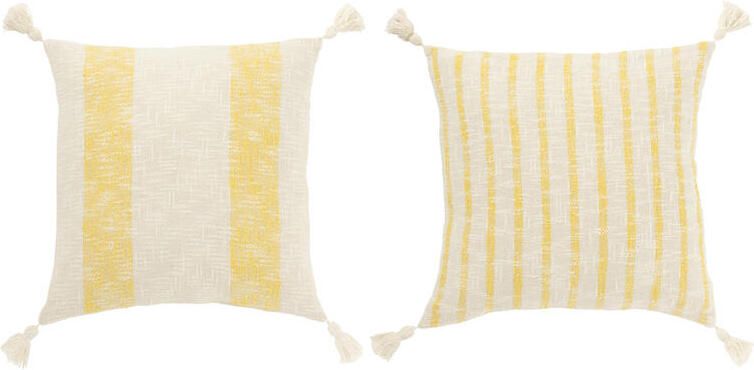 J-Line kussen Vierkant Strepen + Kwasten katoen wit|geel 2 stuks