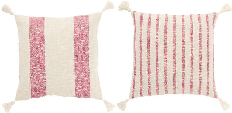 J-Line kussen Vierkant Strepen + Kwasten katoen wit|roze 2 stuks