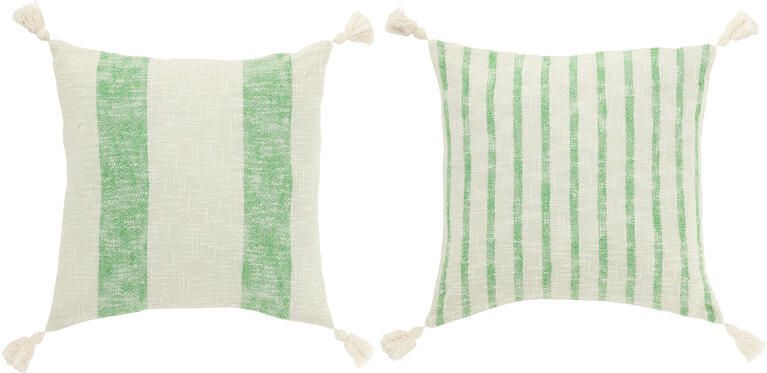 J-Line Kussen Vierkant Strepen+Kwasten Katoen Wit|Groen Assortiment