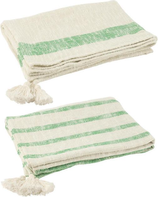 J-Line plaid Strepen + Kwasten katoen wit|groen 2 stuks