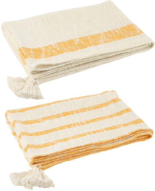 J-Line plaid Strepen + Kwasten katoen wit|oranje 2 stuks