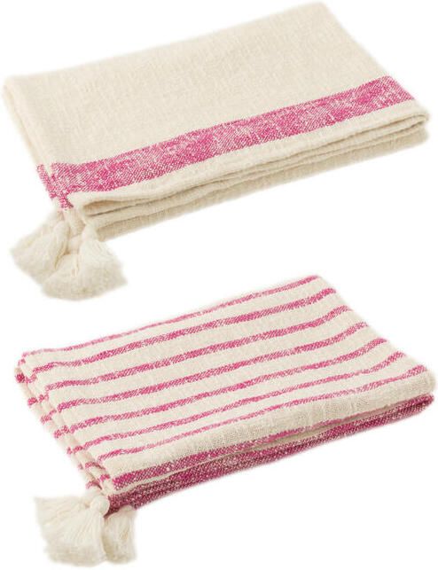 J-Line plaid Strepen + Kwasten katoen wit|roze 2 stuks