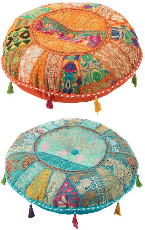 J-Line Poef Rond Plat Patronen+Kwasten Katoen Oranje Blauw Assortiment Van 2 - Foto 3