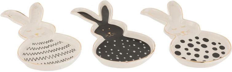 J-Line schaal Konijn keramiek zwart|wit|goud large 3 stuks paasdecoratie
