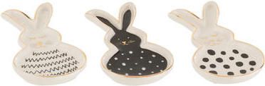 J-Line schaal Konijn keramiek zwart|wit|goud small 3 stuks paasdecoratie