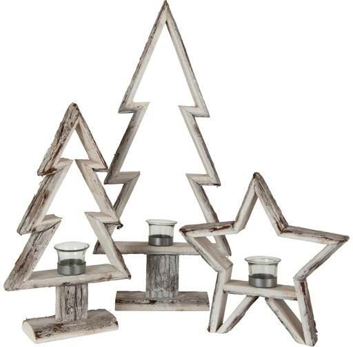 J-Line theelichthouder Kerstboom hout bruin|wit large