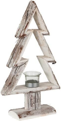 J-Line theelichthouder Kerstboom hout bruin|wit small