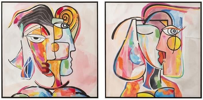 J-Line wanddecoratie Abstract Gezichten canvas|verf mix 2 stuks