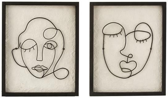 J-Line wanddecoratie Gezichten metaal|hout zwart|wit small 2 stuks