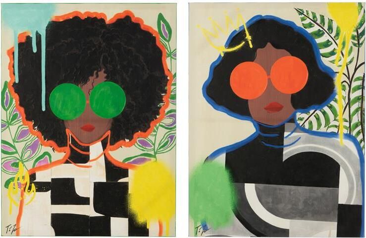 J-Line wanddecoratie Vrouw Popart canvas mix large 2 stuks