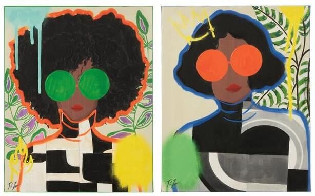 J-Line wanddecoratie Vrouw Popart canvas mix small 2 stuks