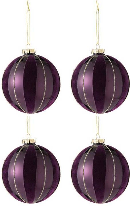 J-Line Kerstballen glas| fluweel paars| goud 4x