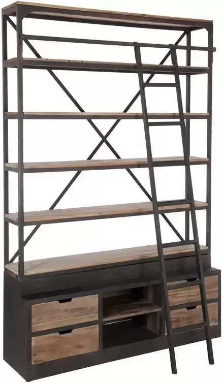J-Line Rek+Ladder 4Schap Hout|Metaal Naturel|Bruin 160X45x243cm