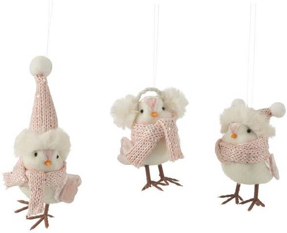 J-Line Kersthanger vogels textiel wit| licht roze 3x