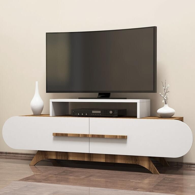 Emob TV Meubel Modern TV-meubel met veel ruimte en notenhout witte afwerking 145cm Wit; Bruin - Foto 3