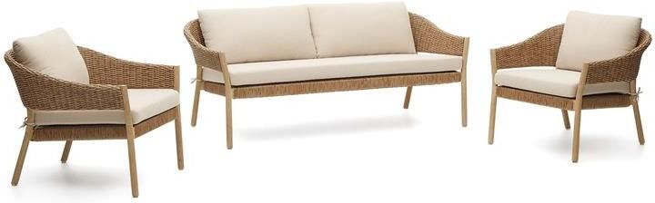 Kave Home Loungeset Pola Eucalyptushout en rattan Met 2-zits Bank en 2 fauteuils Beige
