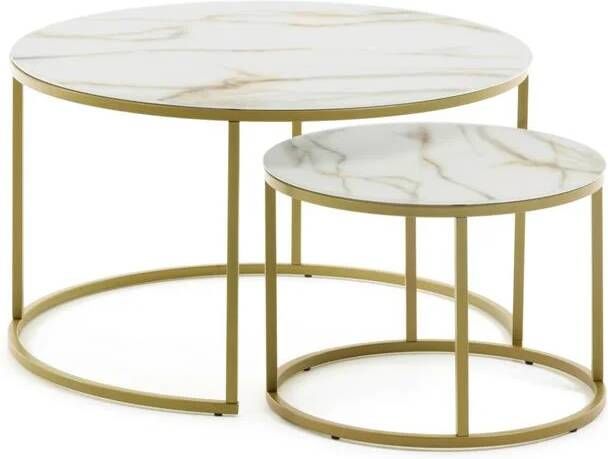 Kave Home Leonor set van 2 bijzettafels in wit glas en stalen frame in goudkleur Ø 80 cm Ø 50 cm