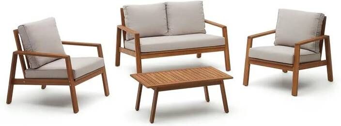 Kave Home Loungeset Frares Acaciahout Met 2-zits Bank 2 fauteuils en salontafel Beige