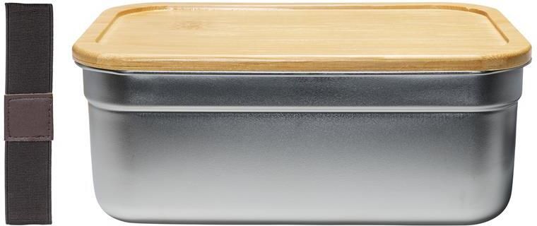 Krumble Lunchbox rvs met houten deksel en bruine elastiek