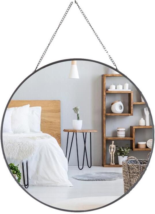 MISOU Spiegel Rond Glas met Ophangketting Modern Zwart 29 cm Glas W...